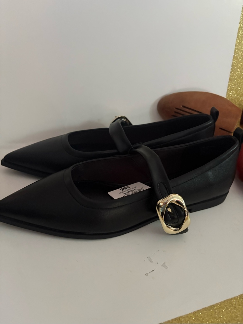 Worthington Black Pointed Mary Jane Flats with Gold Buckle - Picture 3 of 6